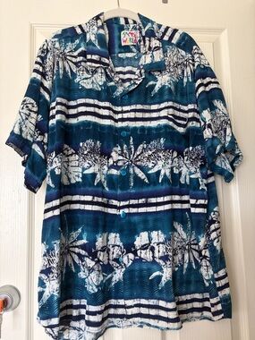 Jams World Teal Navy and White Floral Stripe Hawaiian Shirt